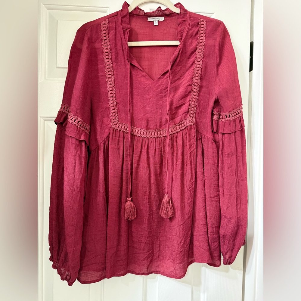 JODIFL Red Wine Boho Tassel Blouse - size Large